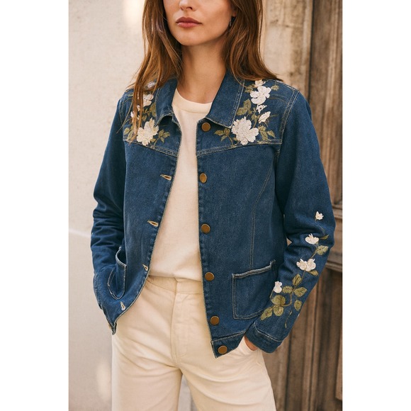 Tantrums Womens Denim Jacket Medium Floral Embroidered Jean Coat - Picture 1 of 10